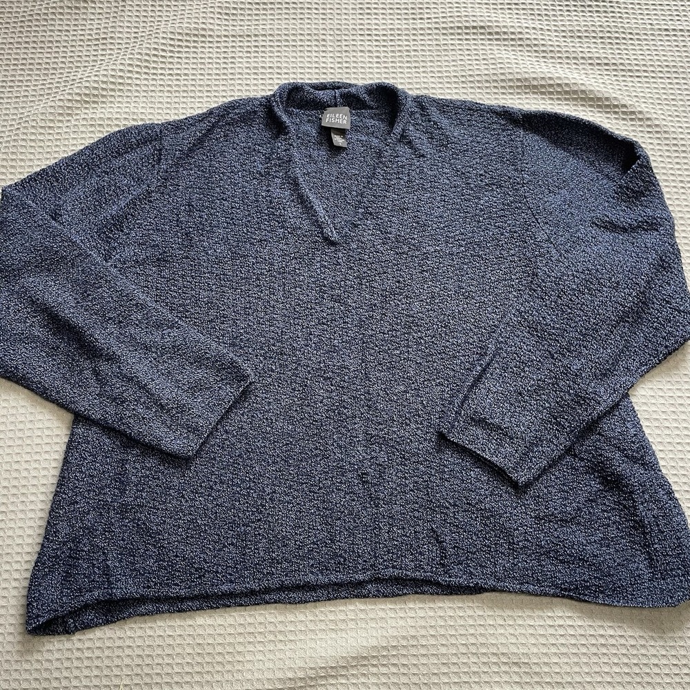 Eileen Fisher 100% Merino Wool Sweater Large Womens Boxy V-neck Blue Textured